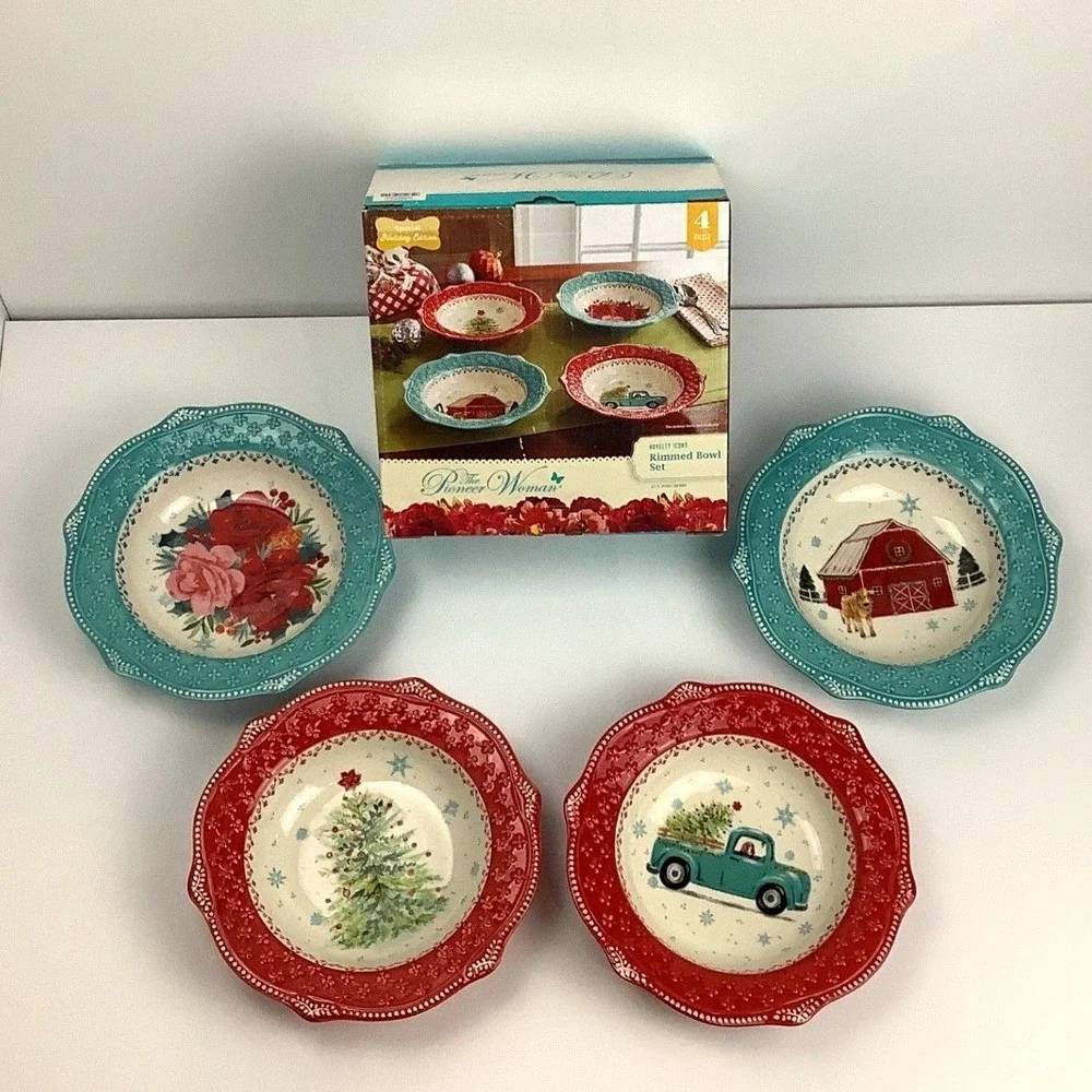 The Pioneer Woman Jolly Icons 4-Piece Rimmed Bowl Set Holiday Edition 9.25in